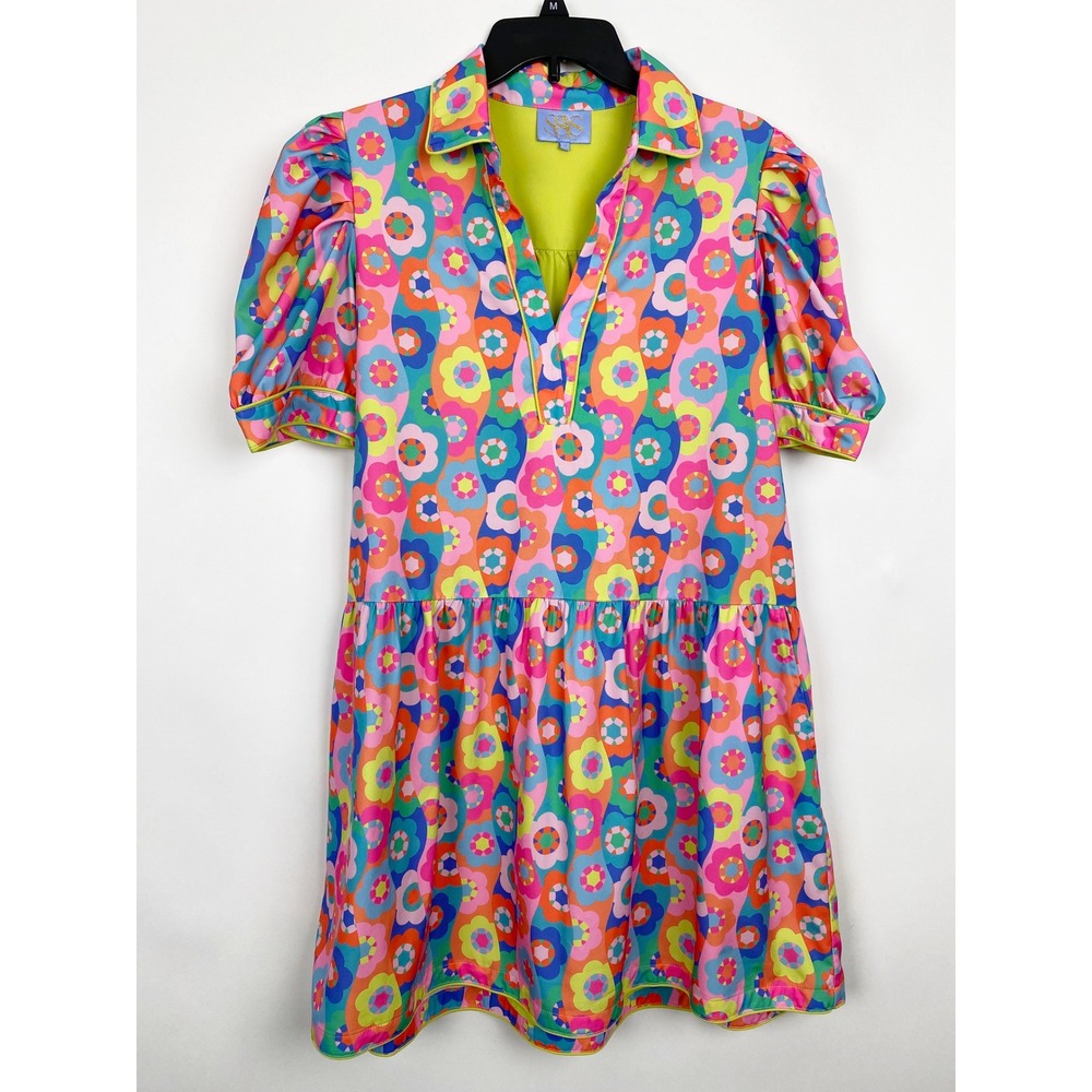 SYS The Label Psychedelic Floral Puff Sleeve Mini Dress Womens Size M Multicolor